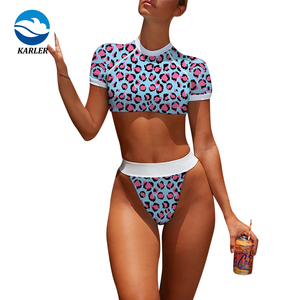 De manga corta de las mujeres conjuntos de <span class=keywords><strong>Bikini</strong></span> de corte alto 2 piezas Sexy Patchwork ropa para damas - Product Image 5