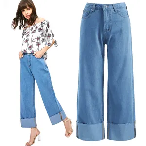 Wide bein rollen up design denim frauen hohe taille palazzo jeans