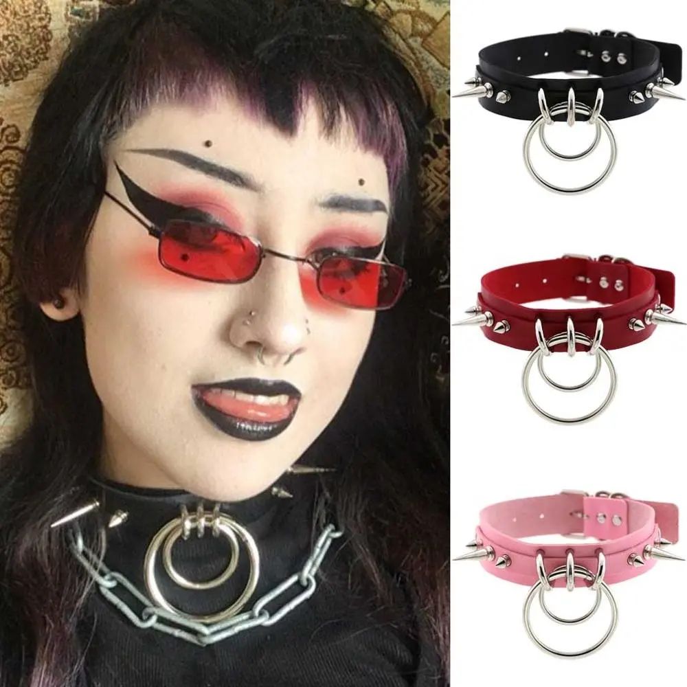 Two Big O-Round Punk Rock Gothic Chokers Women Men Leather Silver Spike Rivet Stud Collar Choker Necklace Statement Jewelry