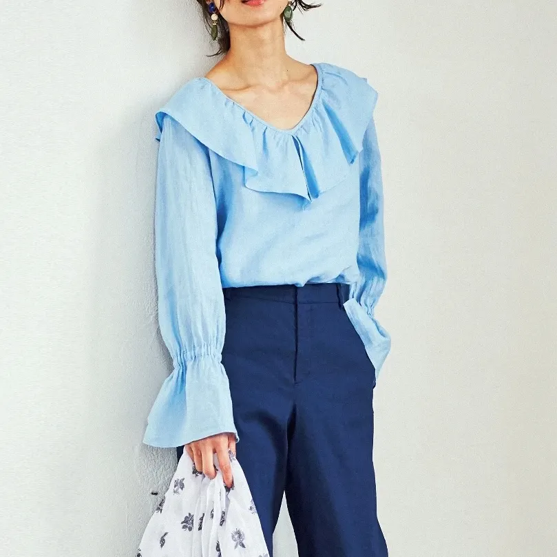 white collar blue long sleeves chiffon blouse flora shirt womens