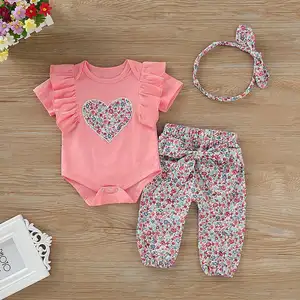 children romper with floral filled heart short sleeves big bow knot flower pants