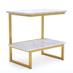 Table de chevet en bois blanc brillant, Faux marbre d'impression sur le dessus, cadre doré, avec étagère de rangement à 2 niveaux pour salon ou chambre à coucher