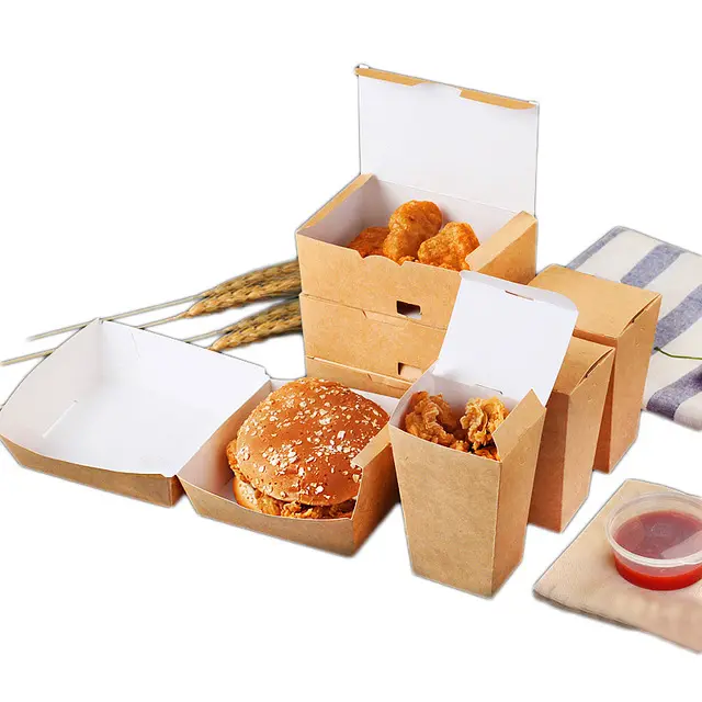 กล่องแฮมเบอร์เกอร์กระดาษคราฟท์แบบใช้แล้วทิ้ง,ถาดใส่อาหารทอดเฟรนช์ฟรายส์กล่องใส่อาหารจานด่วนกันน้ำน้ำมัน