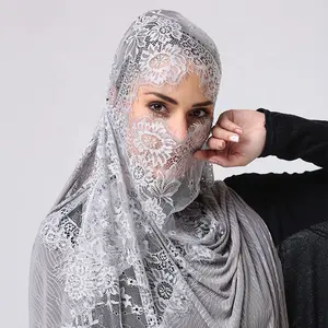 High-End Aanpasbare Golvende Strepen Met Kant En Parels Moslim Dame Hijab Sjaal