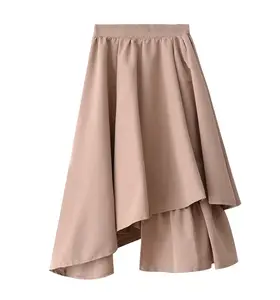 Elegant Solid Color Asymmetrical Hem High-waisted A Line Midi Women's Skirt For Female New Style Skirt