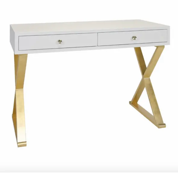 Table d'ordinateur blanc à haute brillance, pied doré, bureau de maison