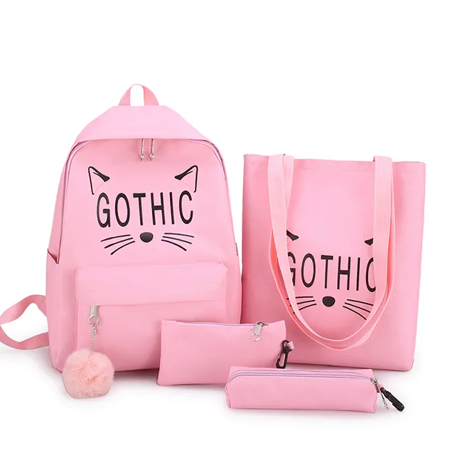 trending 2019 oem Factory wholesale women canvas backpack cute cat fashion leisure college wind girl bag set package School bag