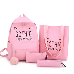 Trend 2019 OEM Fabrik Großhandel Frauen Leinwand Rucksack niedlichen Katze Mode Freizeit College Wind Mädchen Tasche Set Paket Schult asche