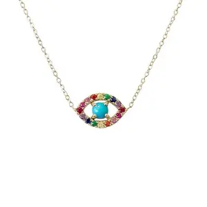 colorful rainbow cubic zirconia turquoise geomstone tiny evil eye necklace 925 silver