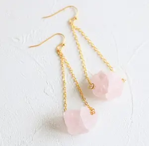 Raw Crystal Rose Quartz Gemstone Crystal Dangle Delicate Earrings