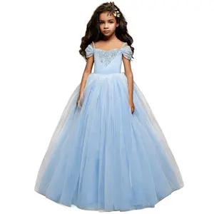 Kızlar prenses elbise Cosplay kostümleri çocuklar puf kollu nakış mavi elbise çocuk noel doğum günü prenses elbiseler