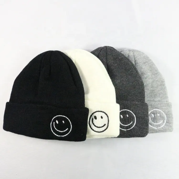 HZM-17785 Custom Embroidery Personalized Text Ski Toboggan Knit Cuffed smile Embroidered Beanie Hat