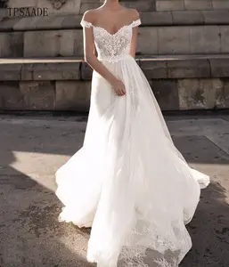 Sexy Ren Illusion Appliques Bãi Biển Backless Wedding Dress Tắt Shoulder Boho Ren Trang Trí Backless Bridal Gown 2020