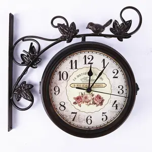 Retro Antique Handmade Iron Outdoor Double Sided Wall Clocks With Birds Decoration