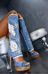 Fashion Zipper <strong>Wedge</strong> Stiletto Platform Over the Knee Girls <strong>Boots</strong> Stretchable Denim Peep Toe Pointy Toe Long <strong>Boots</strong> - Product Image 4