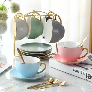 Multiple Color Luxury Gold Rim Ceramic Coffee Tea Cup Sets With Rack