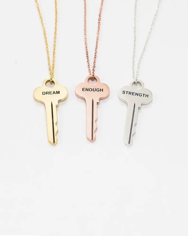 2019 Key Pendant Necklace Engraved Strong 18k Gold Plated Customized Name 316 Stainless Steel Jewelry