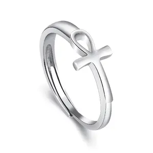 Rhodium Plating 925 Sterling Silver Ankh Cross Ring for Lady Wedding