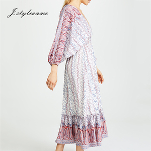 Nouveau Design Femmes Robe Imprimer V cou Lanterne Manches Manches Longues Taille Haute Super <span class=keywords><strong>maxi</strong></span> Robe Femmes - Product Image 3