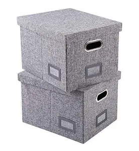 New Design Grey Foldable Book Storage Box Wih Metal Handles Lid Collapsible File Storage Box