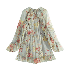 <span class=keywords><strong>Tuta</strong></span> da donna <span class=keywords><strong>elegante</strong></span> con lacci a maniche lunghe con scollo a V e scollo a V con stampa floreale di un pezzo estivo - Product Image 2