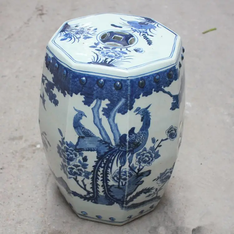 Tabouret de jardin chinois carré en céramique, bleu et blanc, design paon, livraison gratuite