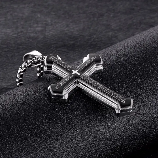 Christian Edelstahl Religiöse Bibel Vers Kreuz Männer Kette Anhänger Halskette