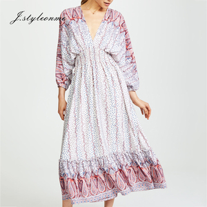 Nouveau Design Femmes Robe Imprimer V cou Lanterne Manches Manches Longues Taille Haute Super <span class=keywords><strong>maxi</strong></span> Robe Femmes - Product Image 5