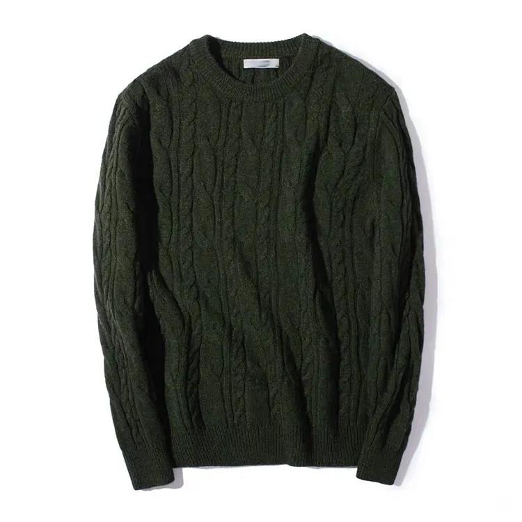 Atacado exército verde pesado cabo de lã merino malha suéter masculino