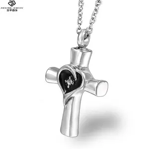 Fashion keepsake cross design 316L stainless steel urn pendant cremation ash necklace with cubic zirconia
