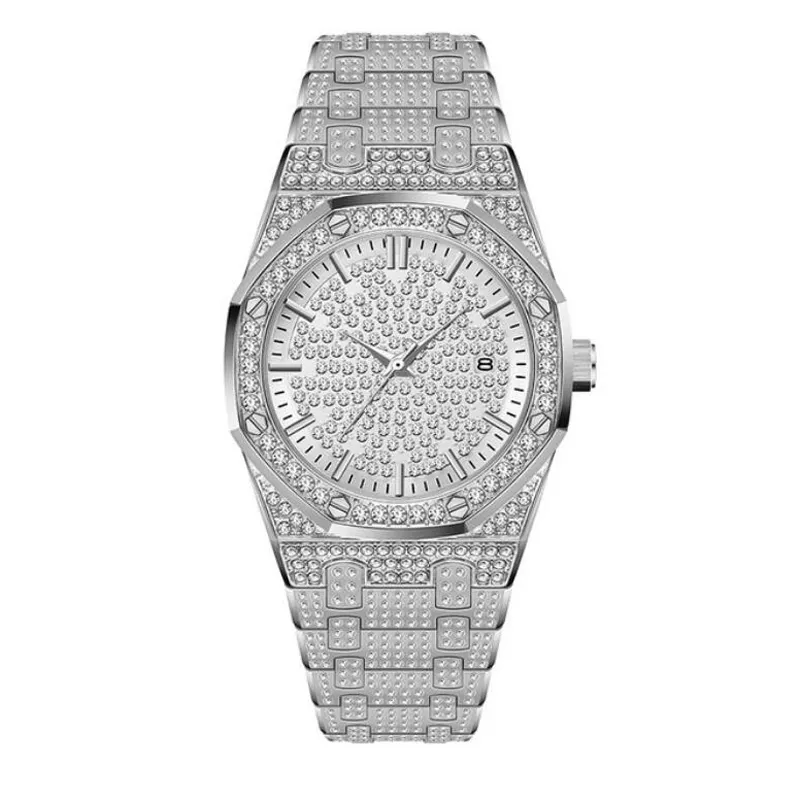 Blues RTS Luxury Mens White Gold Watch Iced Out Male diamond Quartz Watch for hip hop rapper jewelry