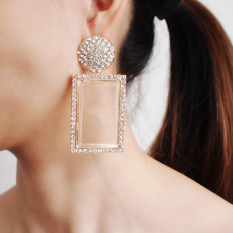 Jishhansidon — boucles d'oreilles en verre pour femmes, avec pendentif carré en strass brillants, à la mode, bijoux goutte d'oreille, cadeaux pour filles