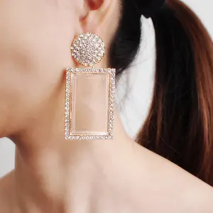 HANSIDON Fashion Glass Dangle Earrings For Women Shiny Rhinestone Square Pendant Drop Ear Jewelry Girl Gifts