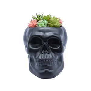Black Matte Unique Ceramic Flower Pot 3D Skull Planter Pot