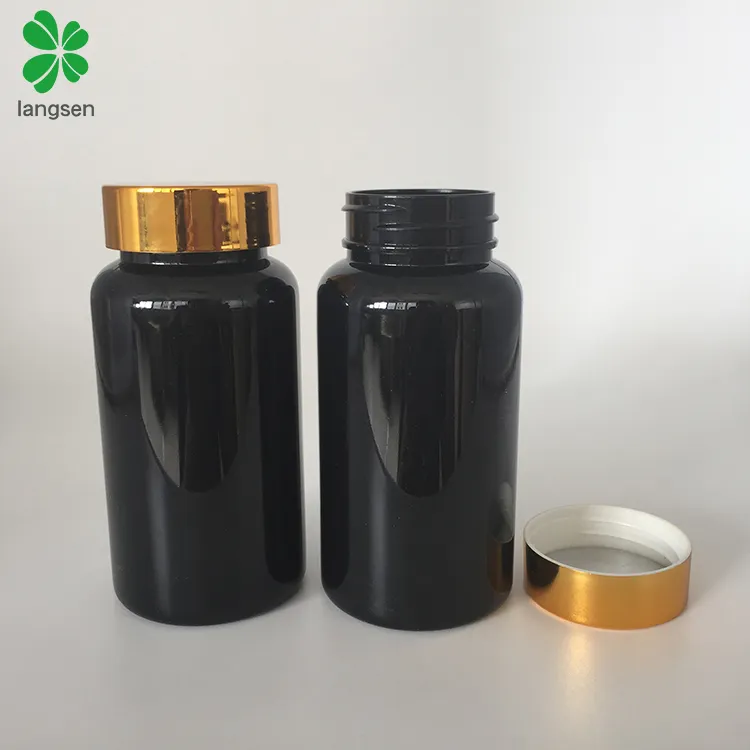 गर्म विक्रेता प्लास्टिक पालतू 150 ml/150g के लिए सोने के ढक्कन के साथ काले कैप्सूल की बोतलें दवा कैप्सूल गोलियाँ गोलियाँ पैकिंग BPA मुक्त