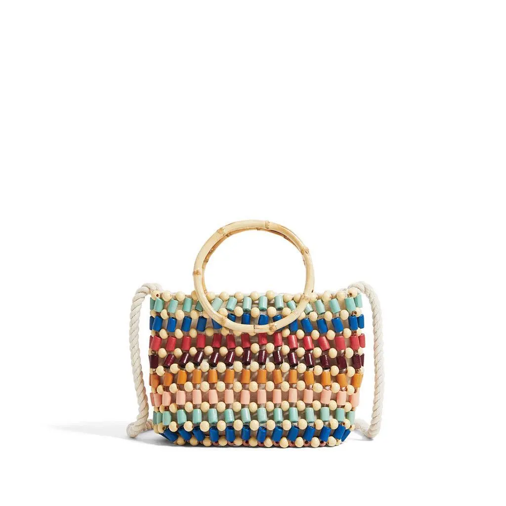 Bolsa de madeira colorida com alça de bambu, bolsa de ombro arco-íris com contas de madeira