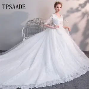Newest Pregnant Crystal Beaded Half Sleeve Bridal Ball Gown High Waist Lace up Back Wedding Dress 2020 Vestido de novia