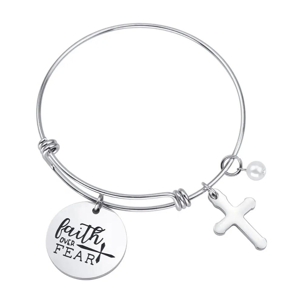 Loftily de Christian pulsera verso de la Biblia de Fe sobre el miedo Cruz encanto de acero inoxidable personalizada brazalete ajustable