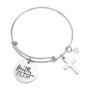 Loftily Jewelry Christian Bracelet Bible Verse Faith Over Fear Cross Charm Personalized Stainless Steel Adjustable bangle