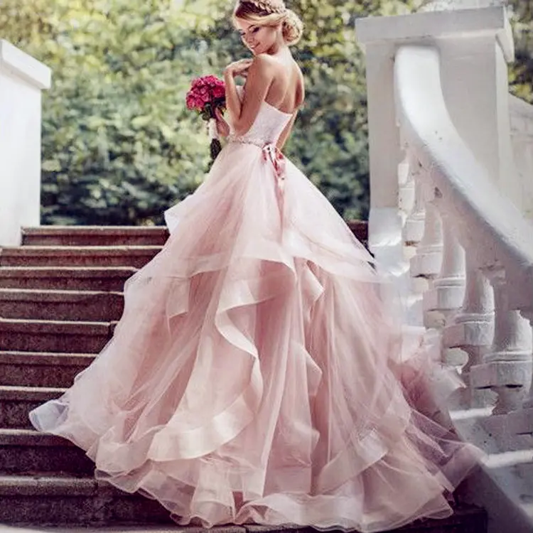 नवीनतम डिजाइन गुलाबी शादी की पोशाक Strapless सैश परत स्कर्ट गेंद पजामा पाकिस्तानी दुल्हन की पोशाक 2021 Vestido डे novia