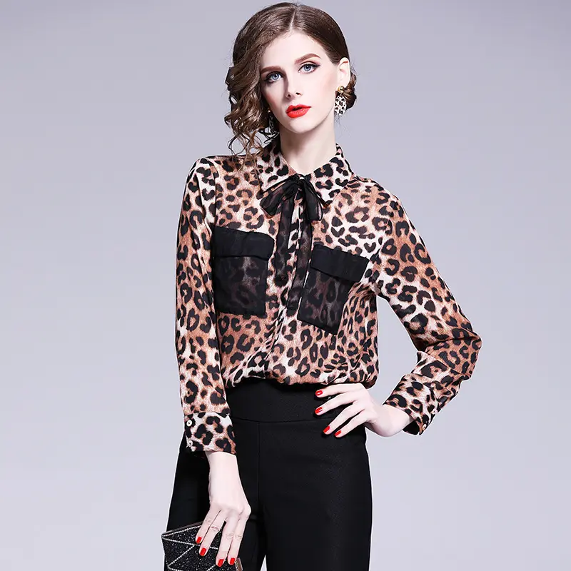 Las mujeres blusa de moda Sexy de manga larga blusa estampado de leopardo elegante dama Oficina camisa túnica Casual Tops Blusas
