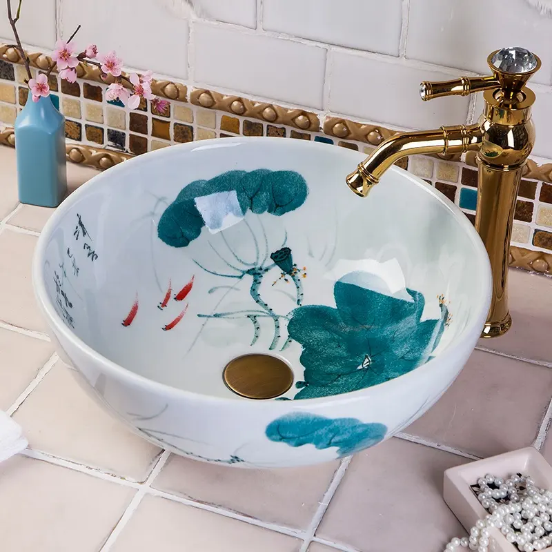 Lotus Китай, ручная работа, Европейский Винтажный стиль, овальная керамическая раковина, раковина для ванной комнаты, китайская раковина