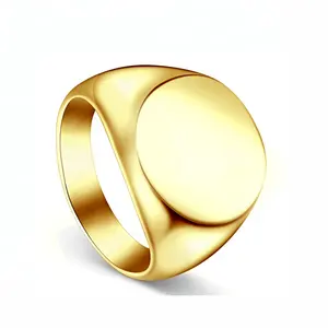 Bomei jóias personalizadas gravadas logotipo no anel redondo de metal superior, aço inoxidável banhado a ouro branco sinete base