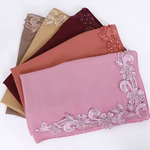 Wholesale 2019 latest woman muslim fashion hijabs luxury lace flower pearl bubble chiffon ladies muslims head scarf