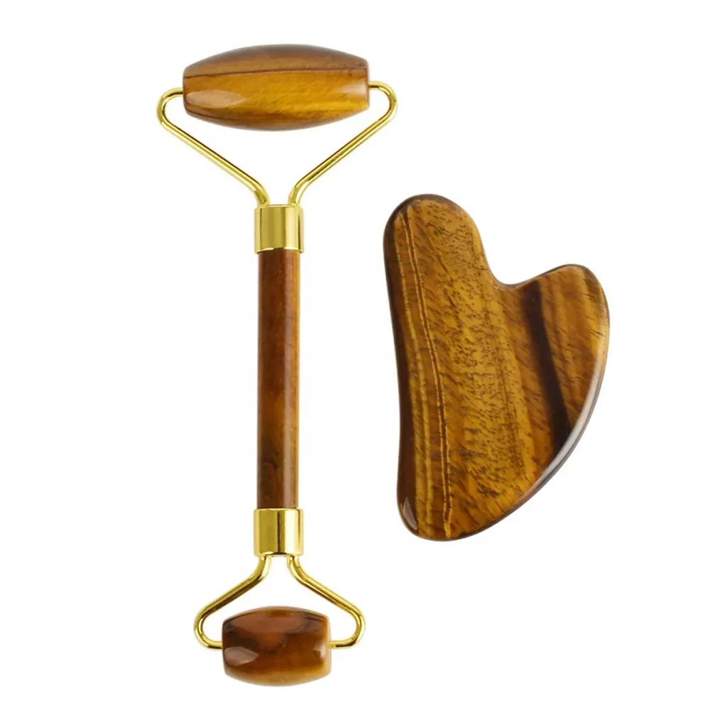 Jade Roller And Guasha Combined Yellow Tiger Eye Gua Sha And Face Roller 2 In 1 Tiger Eye Stone Jade Roller Set With Logo Box