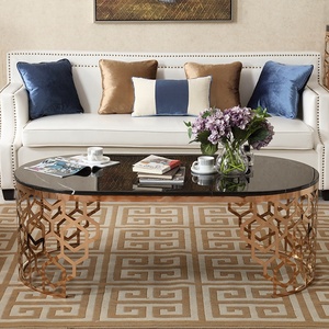 طاولة قهوة مركزية على الطراز الشعبي من الفولاذ المقاوم للصدأ ذهبية بيضاوية الشكل مع رخامية - Product Image 3