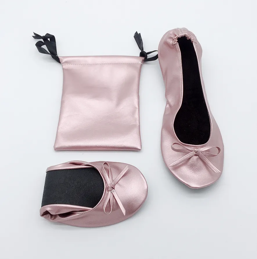 disposable women flats shoes foldable ballet flat in bag roll up flats with PU bag