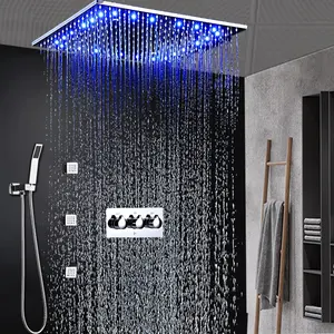 20 zoll LED Dusche Set Platz Regen, nebel Dusche Panel 304 SUS poliert Decke Montiert + Heißer und Kalter Mischer + Massage Körper jets