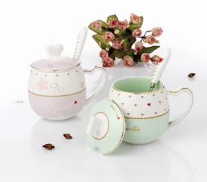 Best selling milk cup new bone china mug with lid and spoon