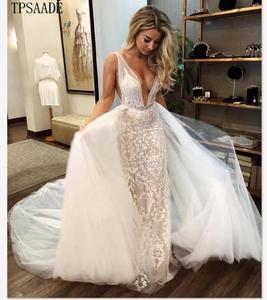 Sexy Sheath Women Brand V Neck Beaded Belt Bridal Gown with Detachable Train Lace Appliqued Wedding Dress 2020 Vestido de novia